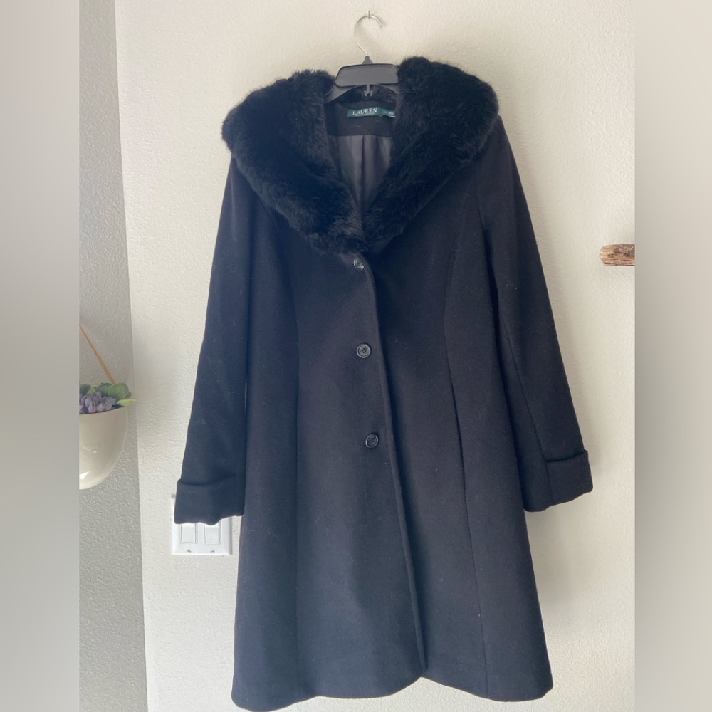 Lauren, Ralph Lauren, long black wool fur collar women’s coat size 14